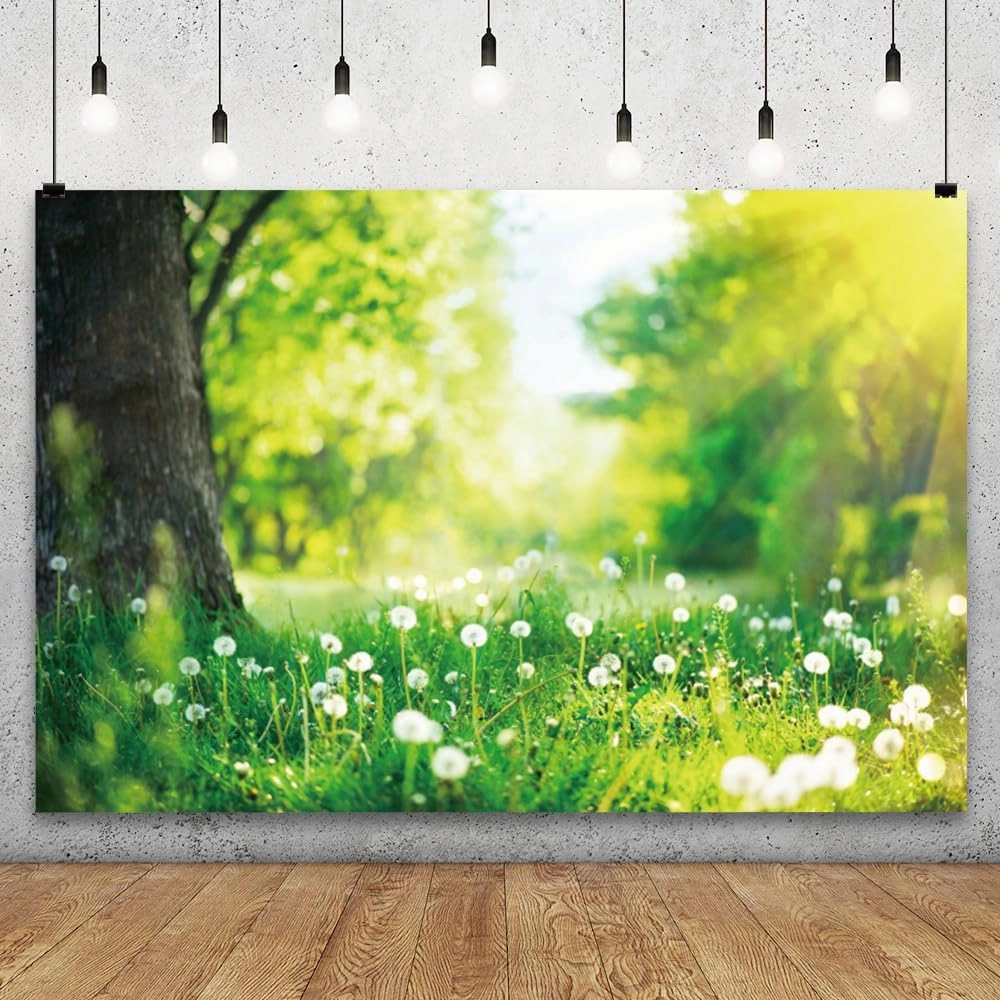 YongFoto 7x5ft Spring Green Grassland Backdrop for Photography Dandelion Grass Tree Bright Sunshine Nature Scenery Easter Day Outdoor Camping Picnic Holiday Kids Adults Portrait Photo Studio Prop