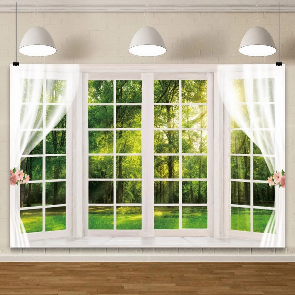 YongFoto 8x6ft Spring Window Scenery Backdrop Green Forest Jungle Trees Sunshine Nature Landscape Wedding Photography Background Girl Woman Birthday Party Kids Adults Portrait Photo Studio Props