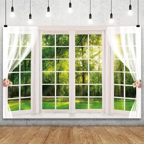 YongFoto 8x6ft Spring Window Scenery Backdrop Green Forest Jungle Trees Sunshine Nature Landscape Wedding Photography Background Girl Woman Birthday Party Kids Adults Portrait Photo Studio Props