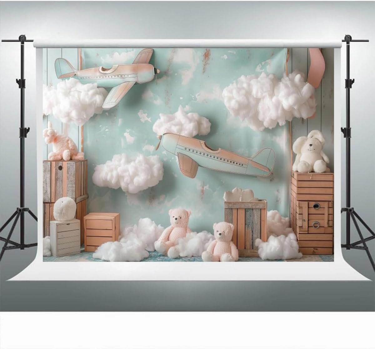 YongFoto Airplane Sky Clouds Backdrop 6x4ft Flying Tour Bear Photography Background Landing Soon Baby Shower First Trip Birthday Party Banner Kids Portraits Photoshoot Wallpaper Studio Booth Props