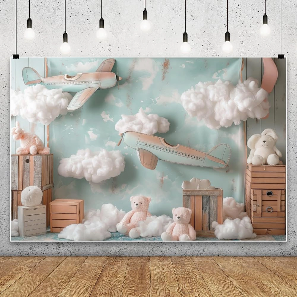 YongFoto Airplane Sky Clouds Backdrop 6x4ft Flying Tour Bear Photography Background Landing Soon Baby Shower First Trip Birthday Party Banner Kids Portraits Photoshoot Wallpaper Studio Booth Props