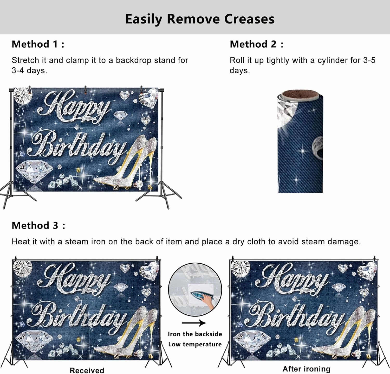 YongFoto Happy Birthday Backdrop 6x4ft High Heels Diamond Denim Blue Jeans Photography Background Girl Women Girlfriend Lady Birthday Party Banner Cake Table Decor Photoshoot Wallpaper Photo Booth