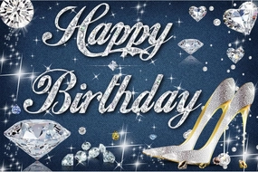 YongFoto Happy Birthday Backdrop 6x4ft High Heels Diamond Denim Blue Jeans Photography Background Girl Women Girlfriend Lady Birthday Party Banner Cake Table Decor Photoshoot Wallpaper Photo Booth