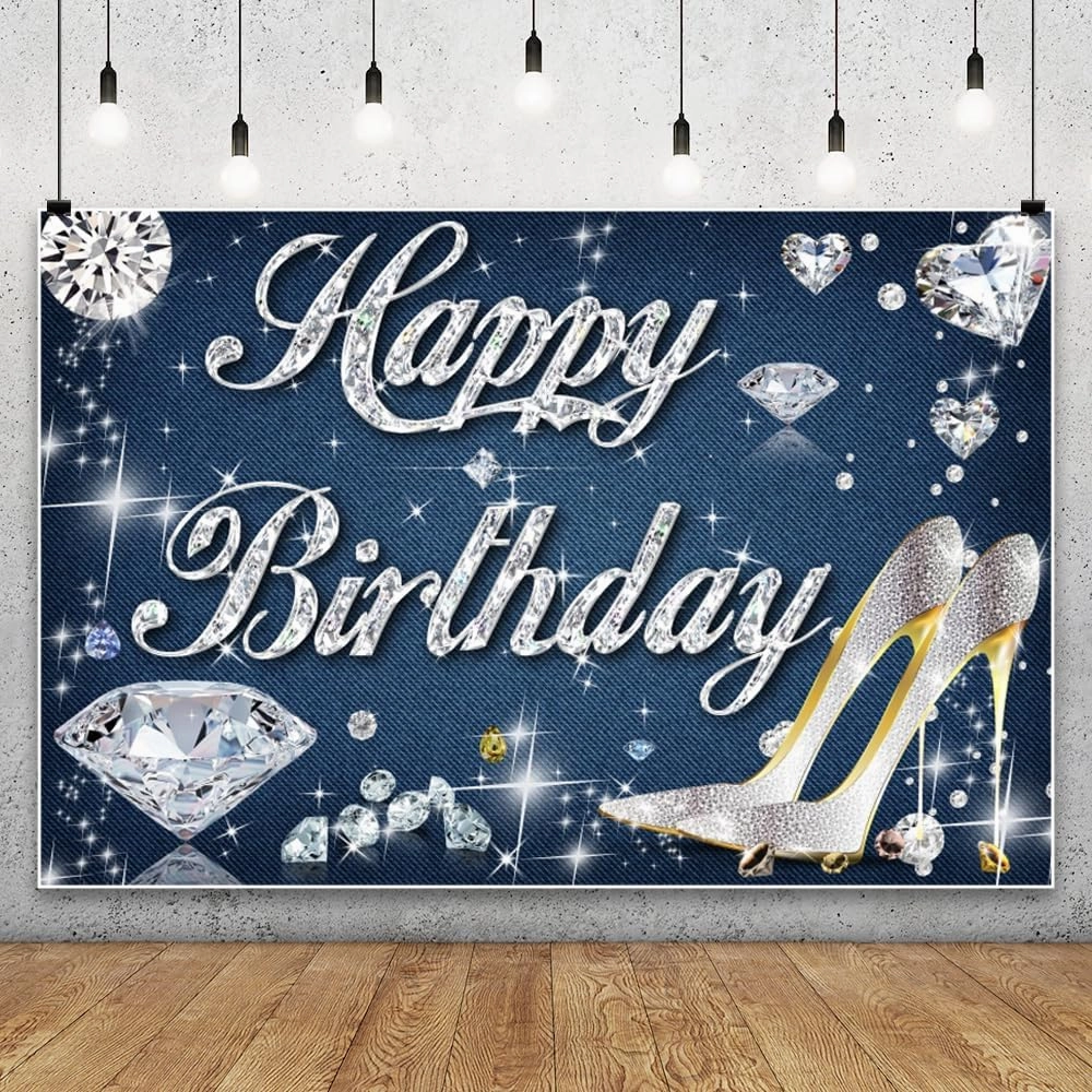 YongFoto Happy Birthday Backdrop 6x4ft High Heels Diamond Denim Blue Jeans Photography Background Girl Women Girlfriend Lady Birthday Party Banner Cake Table Decor Photoshoot Wallpaper Photo Booth