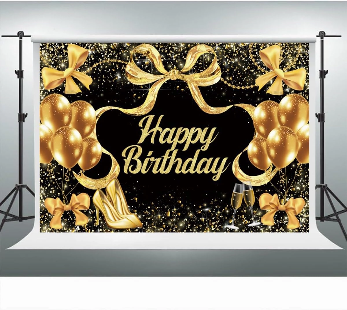 YongFoto Happy Birthday Backdrop 9x6ft Bows Balloons High Heels Black Gold Photography Background Birthday Party Event Banquet Banner Cake Table Decor Supplies Photoshoot Wallpaper Photo Booth