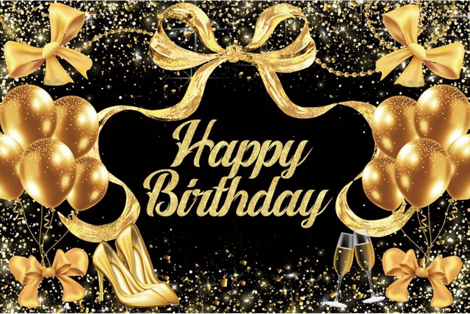YongFoto Happy Birthday Backdrop 9x6ft Bows Balloons High Heels Black Gold Photography Background Birthday Party Event Banquet Banner Cake Table Decor Supplies Photoshoot Wallpaper Photo Booth