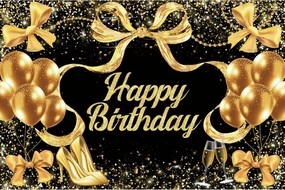 YongFoto Happy Birthday Backdrop 9x6ft Bows Balloons High Heels Black Gold Photography Background Birthday Party Event Banquet Banner Cake Table Decor Supplies Photoshoot Wallpaper Photo Booth