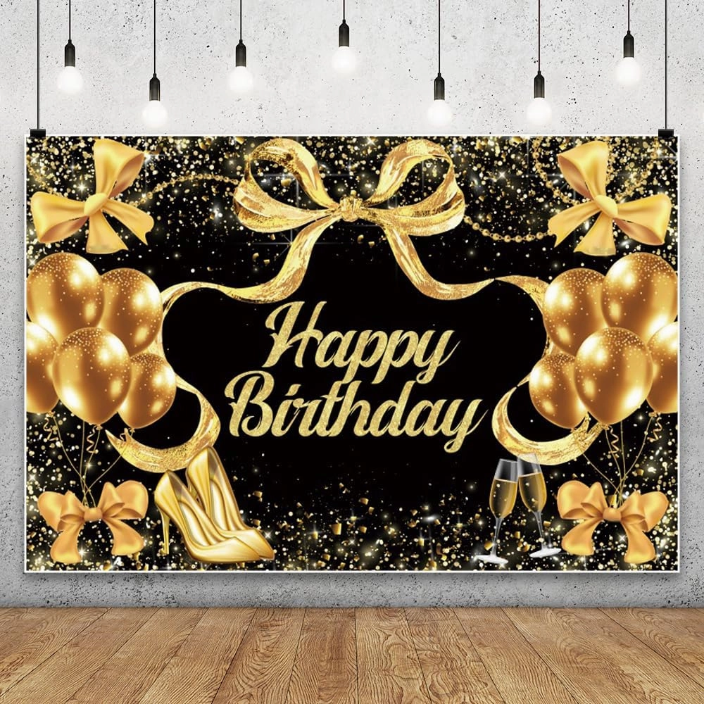YongFoto Happy Birthday Backdrop 9x6ft Bows Balloons High Heels Black Gold Photography Background Birthday Party Event Banquet Banner Cake Table Decor Supplies Photoshoot Wallpaper Photo Booth