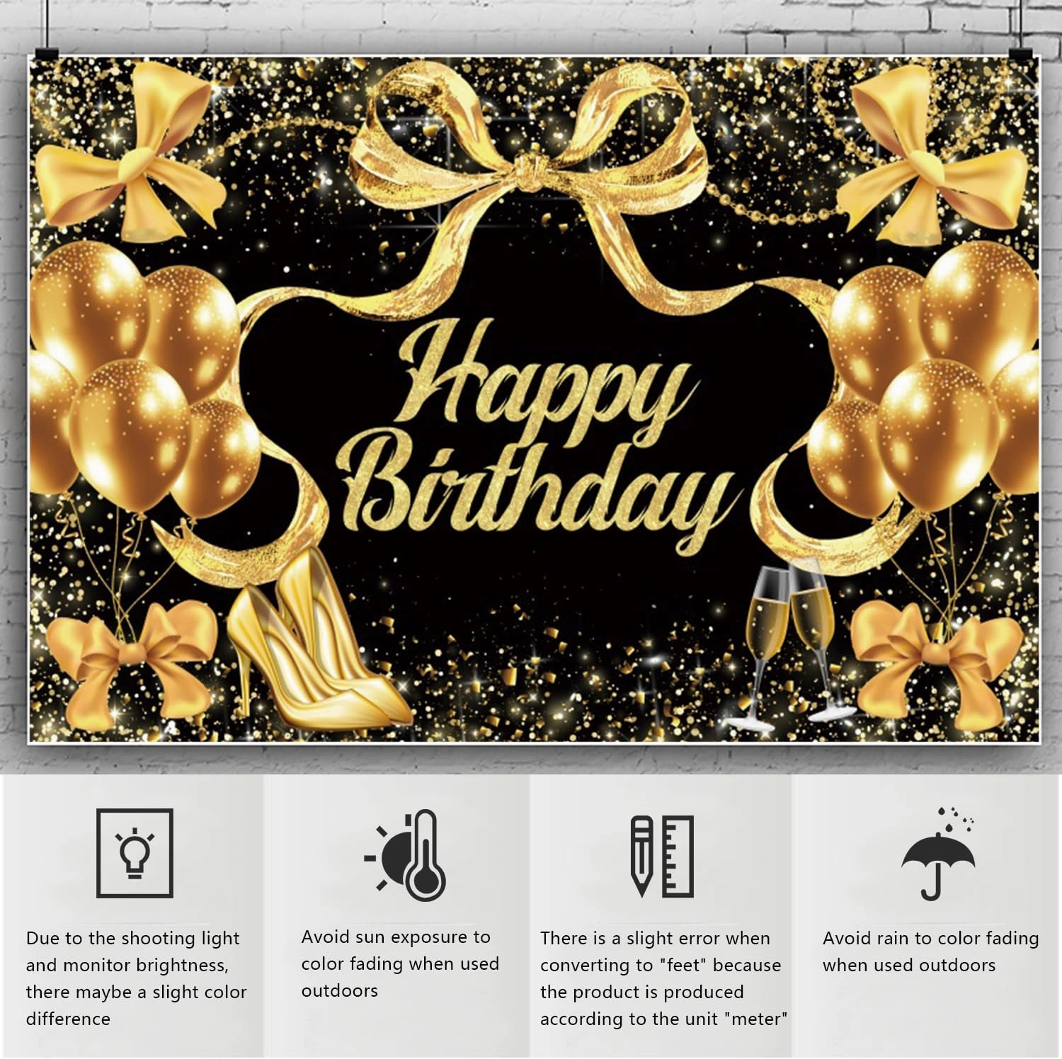 YongFoto Happy Birthday Backdrop 9x6ft Bows Balloons High Heels Black Gold Photography Background Birthday Party Event Banquet Banner Cake Table Decor Supplies Photoshoot Wallpaper Photo Booth