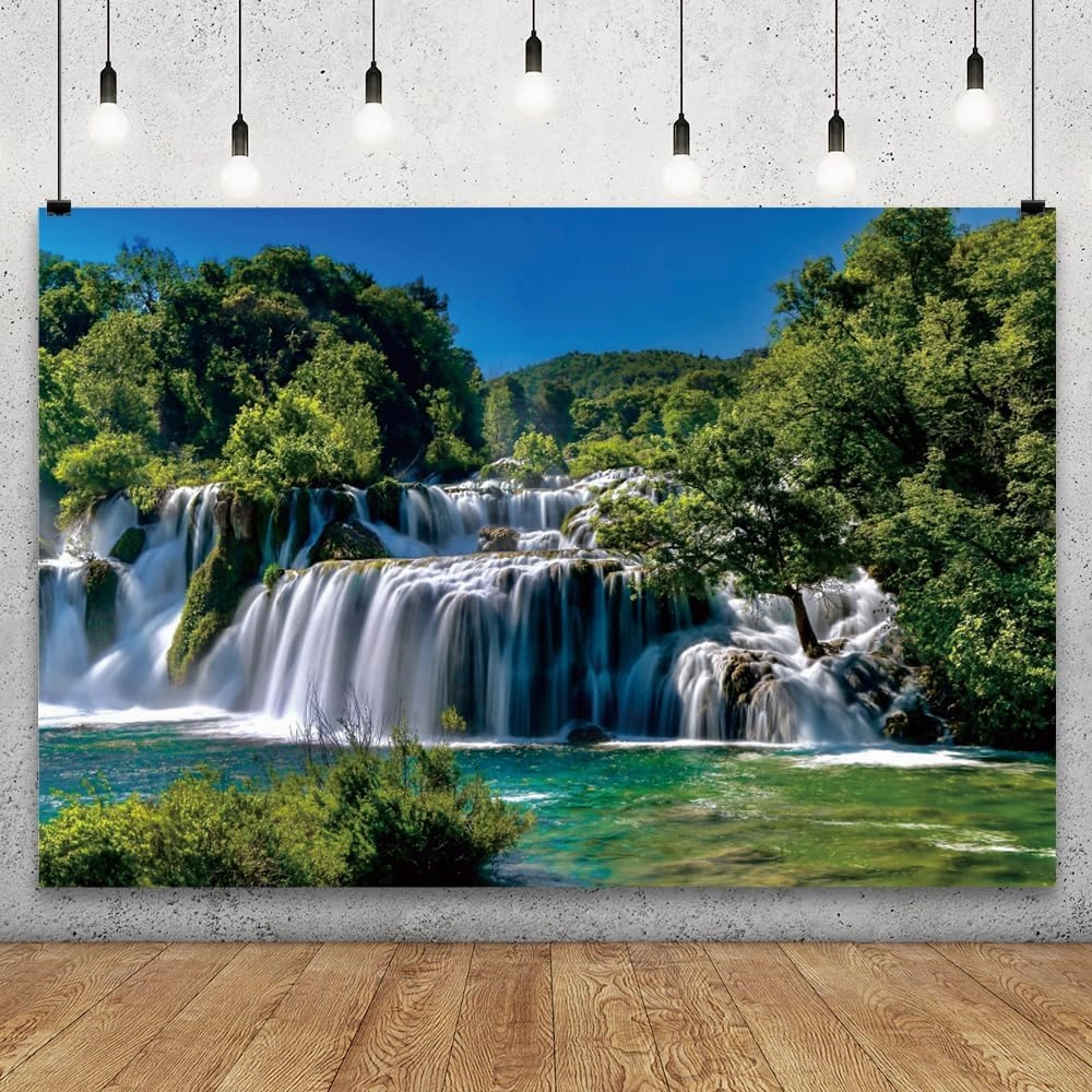 YongFoto Outdoor Nature Scenery Backdrop 10x8ft Lake Mountains Waterfall Forest Pine Blue Sky Spring Photography Background Party Banner Room Decor Travel Portraits Photoshoot Wallpaper Studio Props