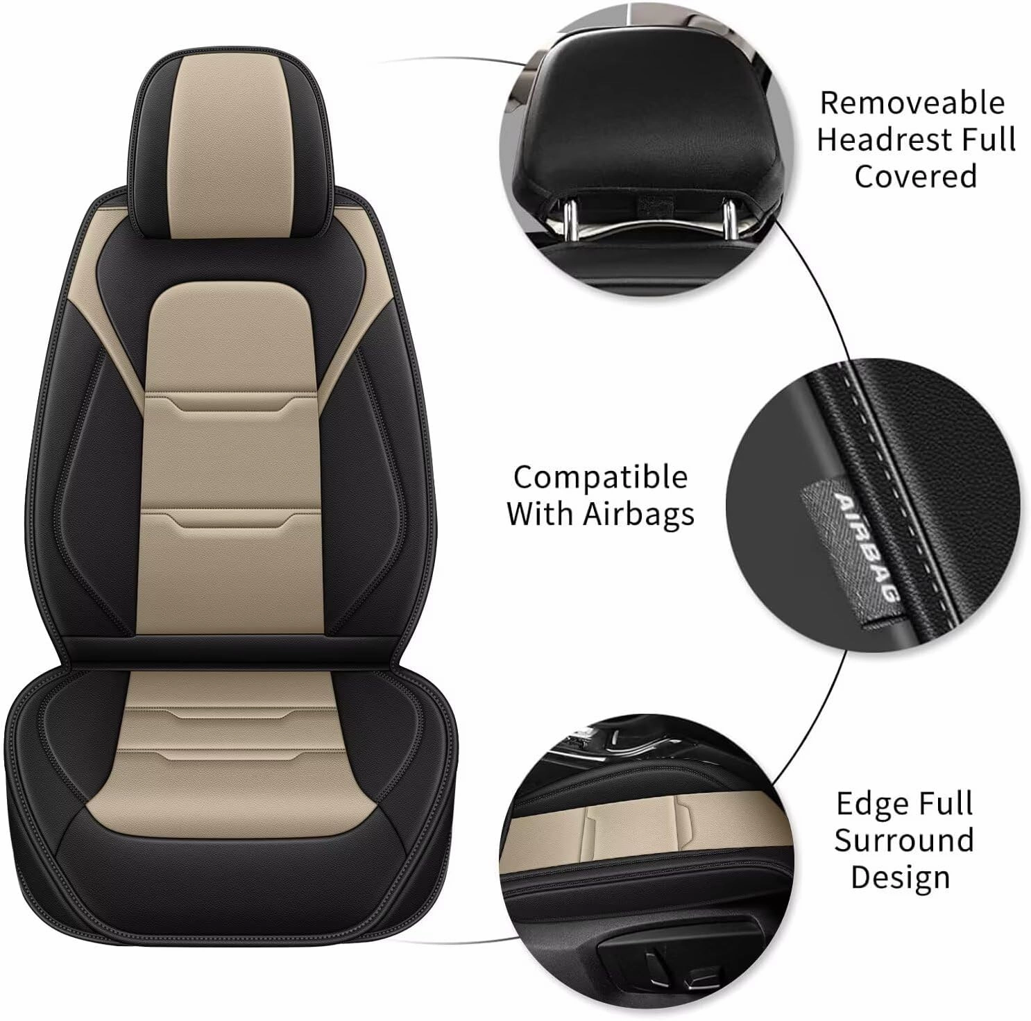 YORKNEIC 2 Front Car Seat Covers for Polestar 2 2022 2023 2024 Faux Leather Waterproof Seat Covers Automotive Seat Protectors Cushions with Airbag Compatible(2 Front Seat,Black&Beige)