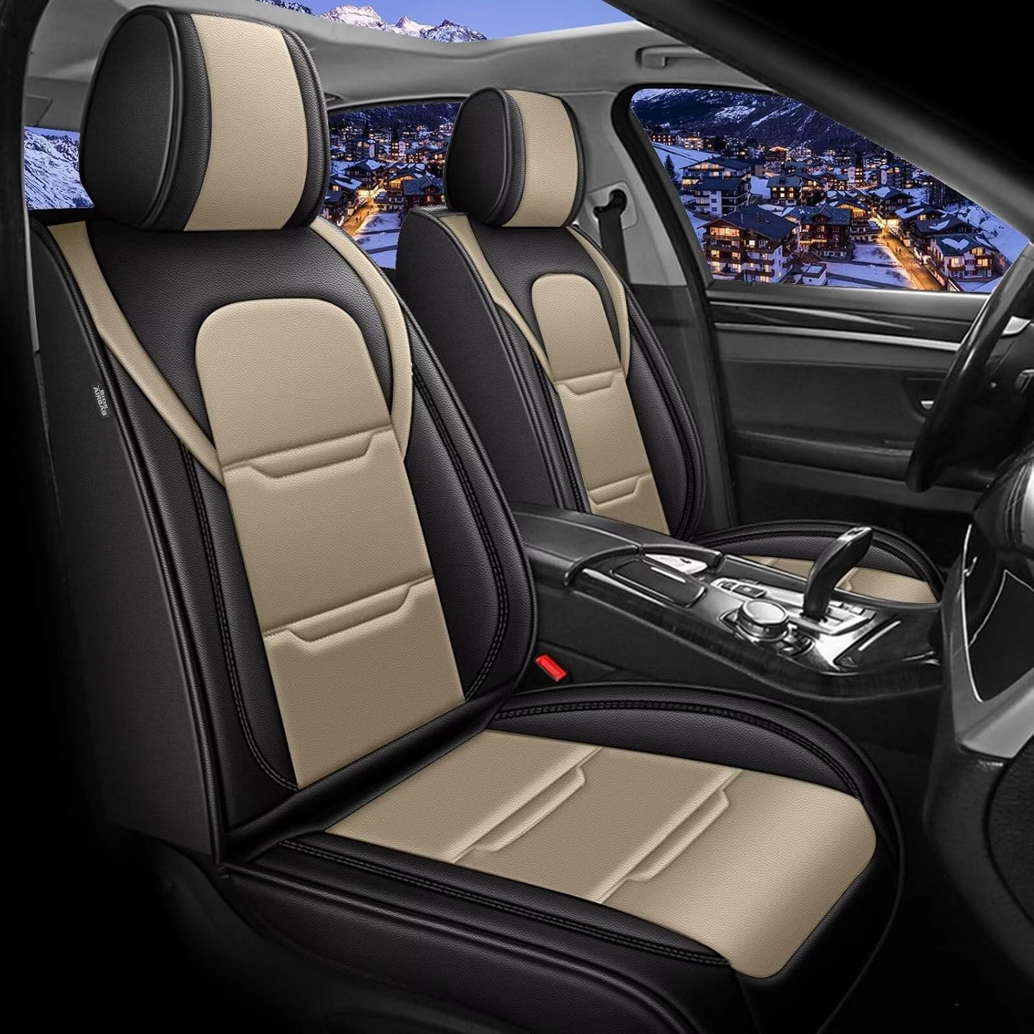 YORKNEIC 2 Front Car Seat Covers for Polestar 2 2022 2023 2024 Faux Leather Waterproof Seat Covers Automotive Seat Protectors Cushions with Airbag Compatible(2 Front Seat,Black&Beige)