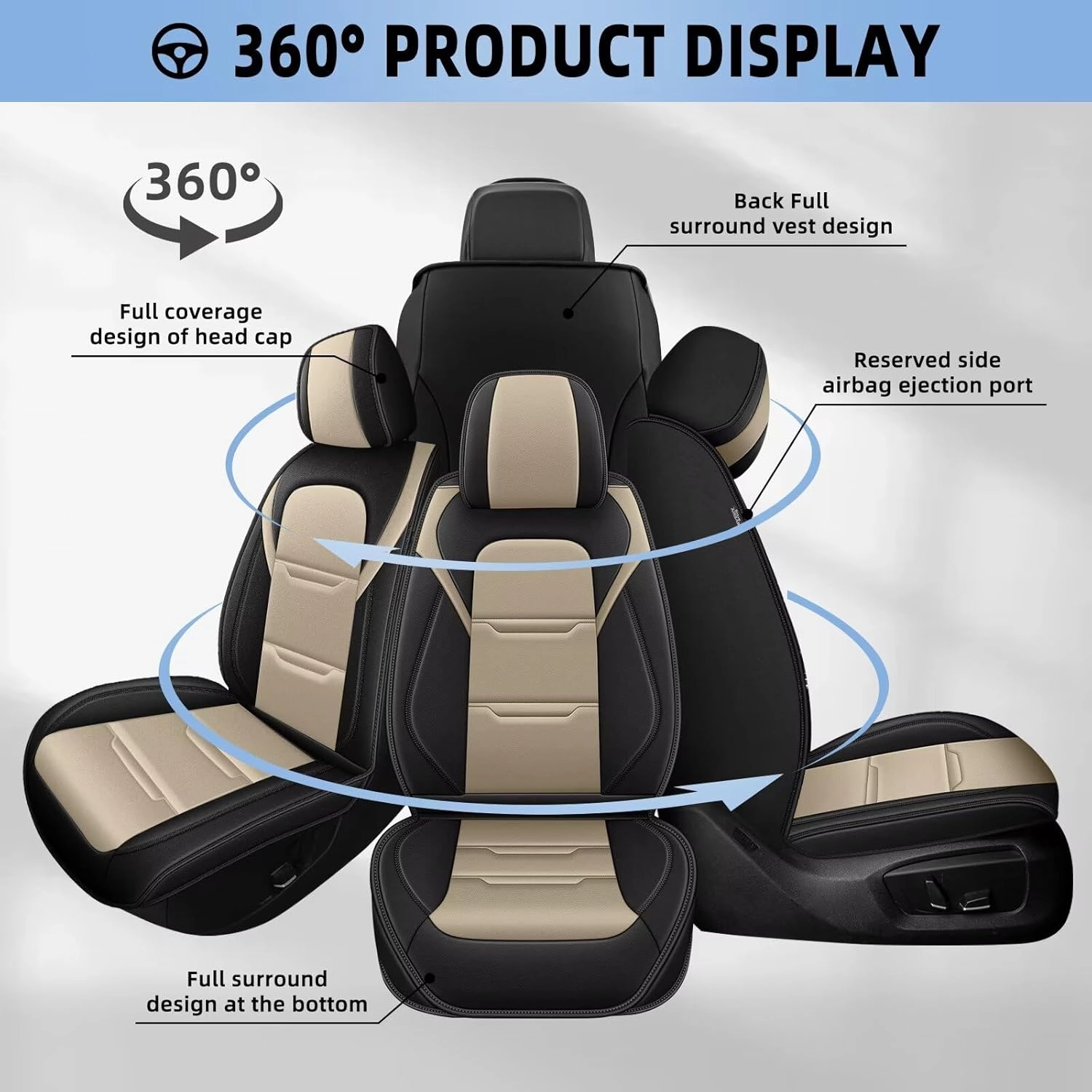 YORKNEIC 2 Front Car Seat Covers for Polestar 2 2022 2023 2024 Faux Leather Waterproof Seat Covers Automotive Seat Protectors Cushions with Airbag Compatible(2 Front Seat,Black&Beige)