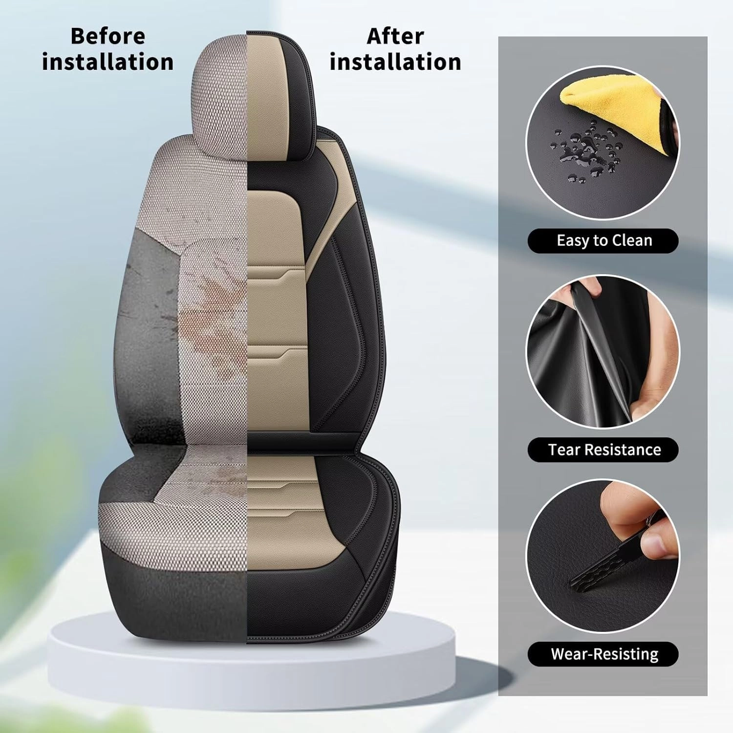 YORKNEIC 2 Front Car Seat Covers for Polestar 2 2022 2023 2024 Faux Leather Waterproof Seat Covers Automotive Seat Protectors Cushions with Airbag Compatible(2 Front Seat,Black&Beige)