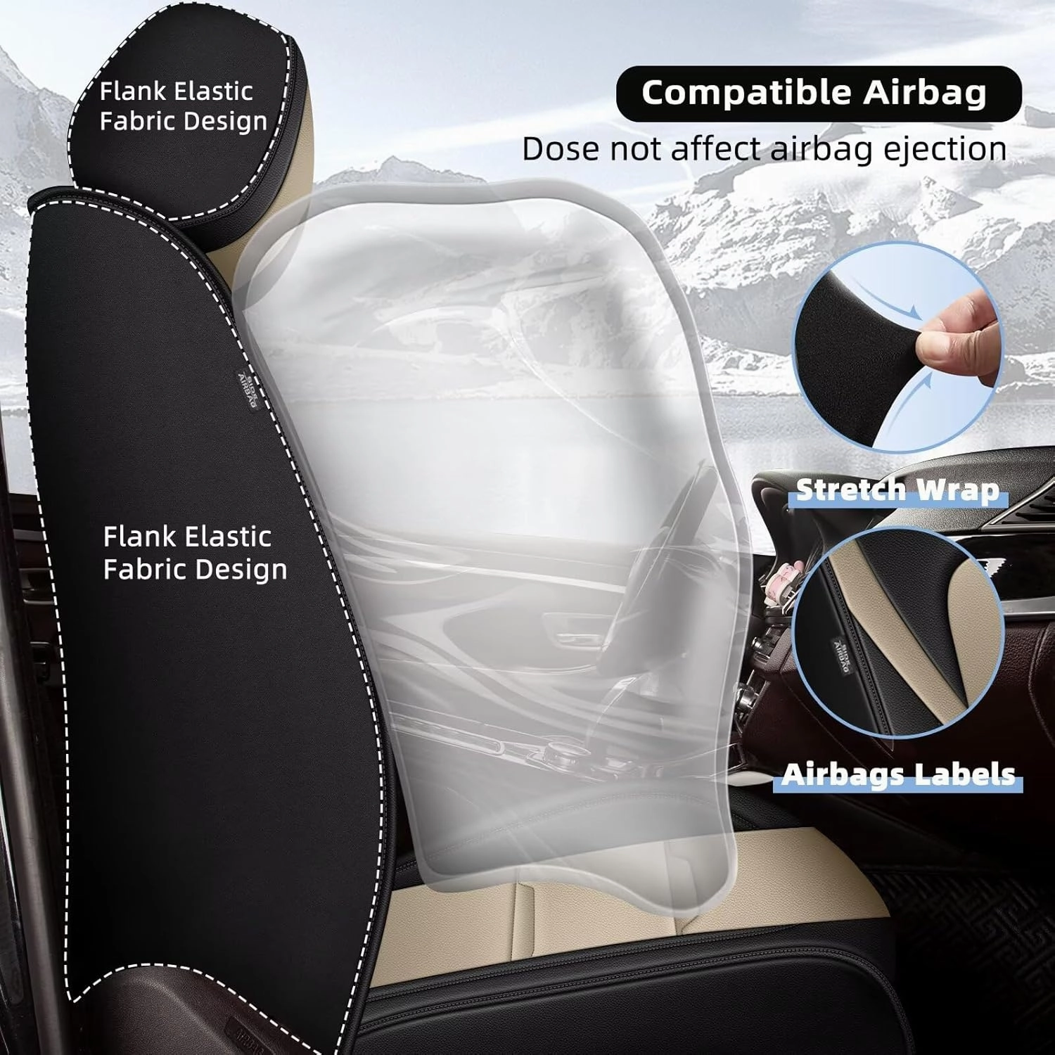 YORKNEIC 2 Front Car Seat Covers for Polestar 2 2022 2023 2024 Faux Leather Waterproof Seat Covers Automotive Seat Protectors Cushions with Airbag Compatible(2 Front Seat,Black&Beige)