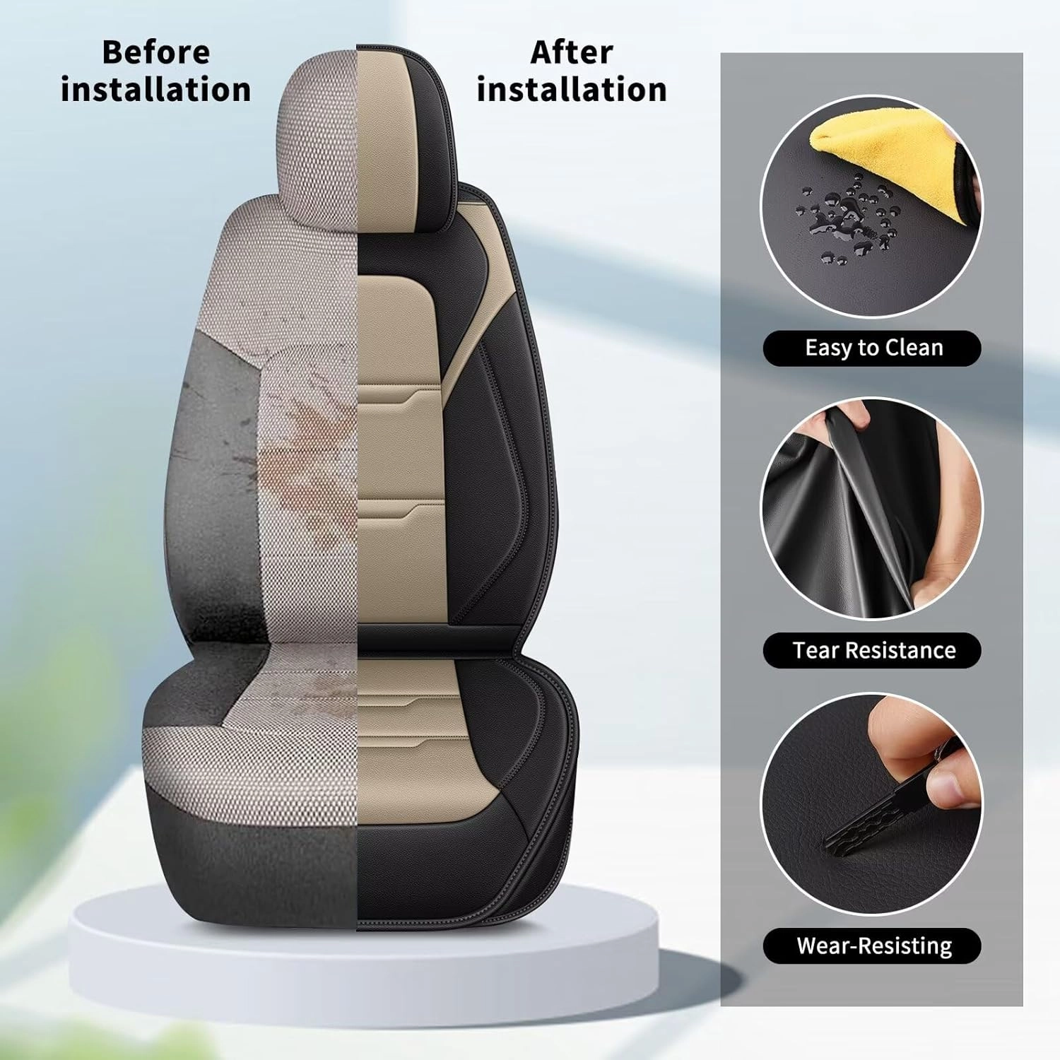 YORKNEIC 2 Front Car Seat Covers for Subaru Forester 2007-2023 2024 2025 Faux Leather Waterproof Seat Covers Automotive Seat Protectors Cushions with Airbag Compatible(2 Front Seat,Black&Beige)