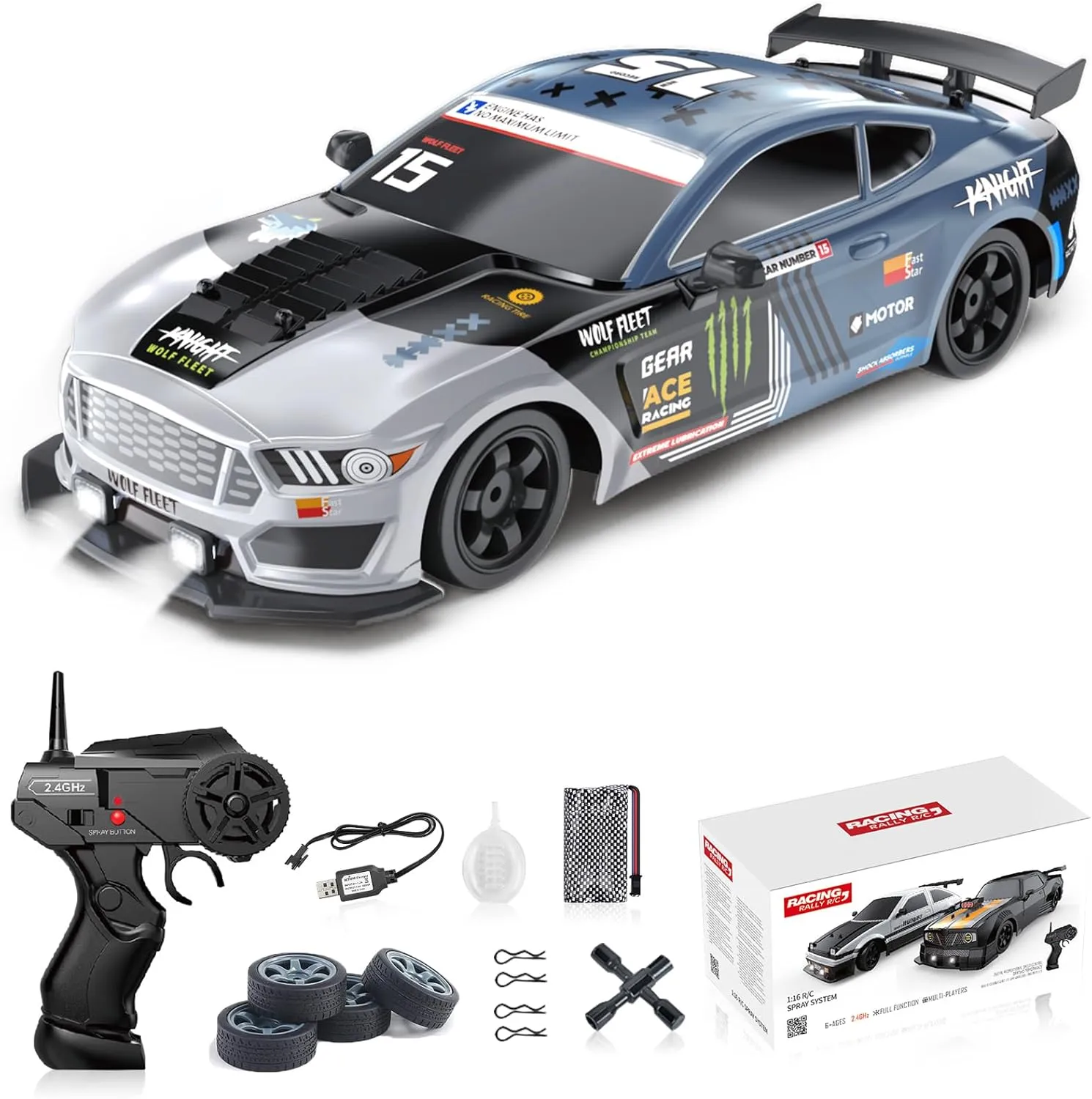 YUZ Remote Control Car RC Drift Car 1:16 Scale 4WD 18KM/H High Speed 2.4GHz 4 Model Vehicle with LED Lights Spray Racing Sport Toy Car for Adults Boys Girls Kids Gift Rechargeable Batteries, Gray