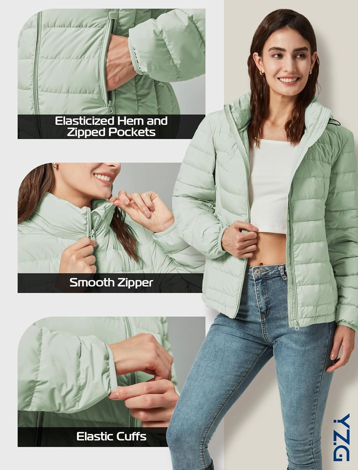 YZG Down Jacket for Women Lightweight Long Sleeve Quilted Puffer Coat with Detachable Hooded