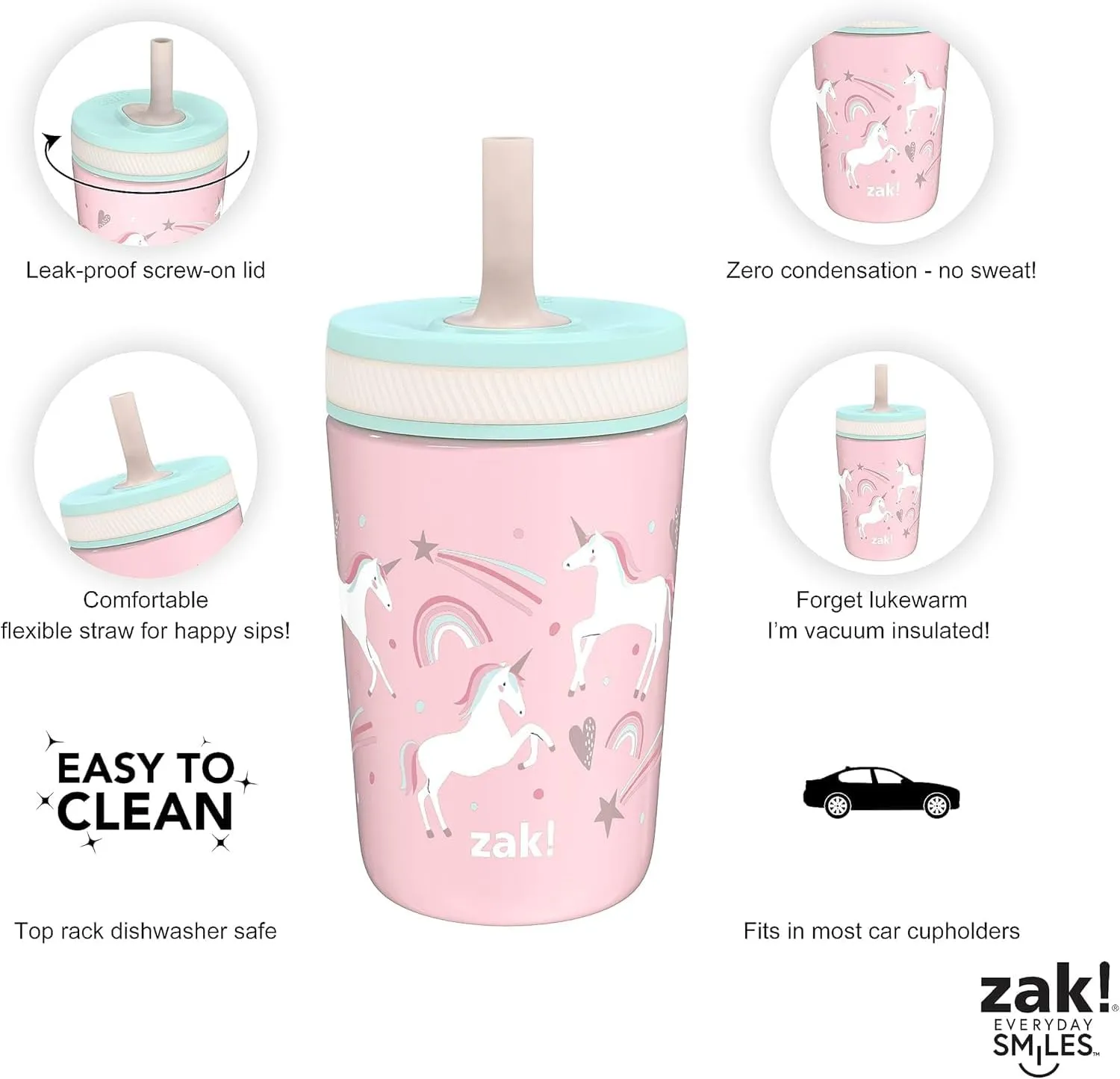 Zak Designs Kelso Toddler Cups For Travel or At Home, 12oz Vacuum Insulated Stainless Steel Sippy Cup With Leak-Proof Design is Perfect For Kids (Fanciful Unicorn)