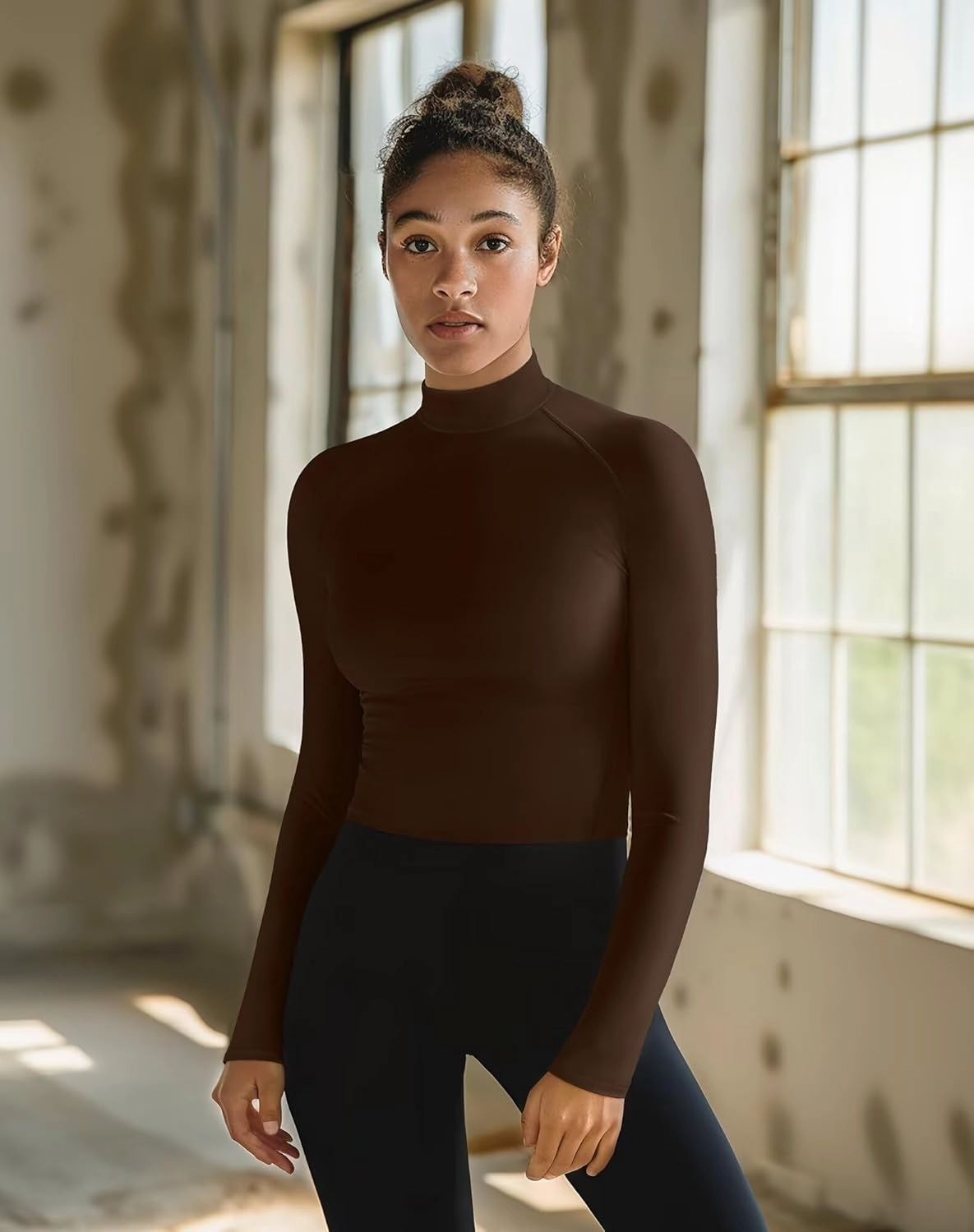Zengjo Mock Neck Thermal Tops for Women Workout Running Athletic Long Sleeve Base Layer Shirt Light Compression Fleece Lined