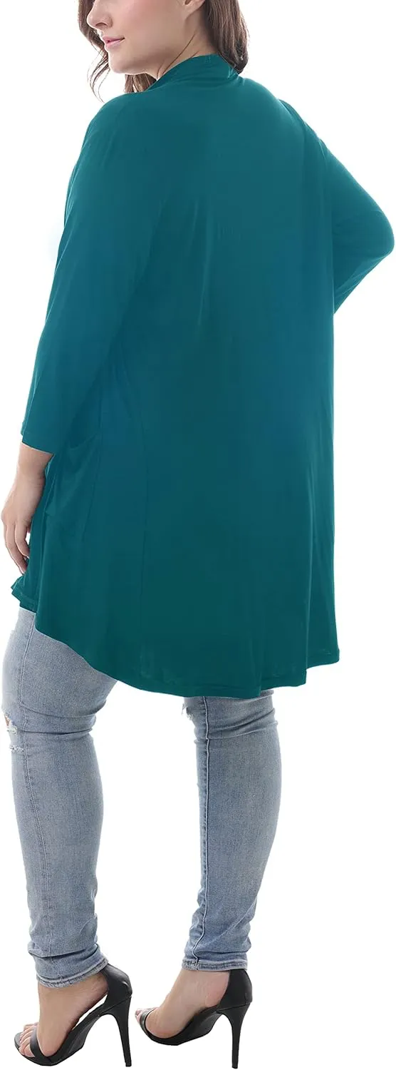 ZERDOCEAN Women's Plus Size 3/4 Sleeve Lightweight Soft Printed Drape Cardigan with Pockets