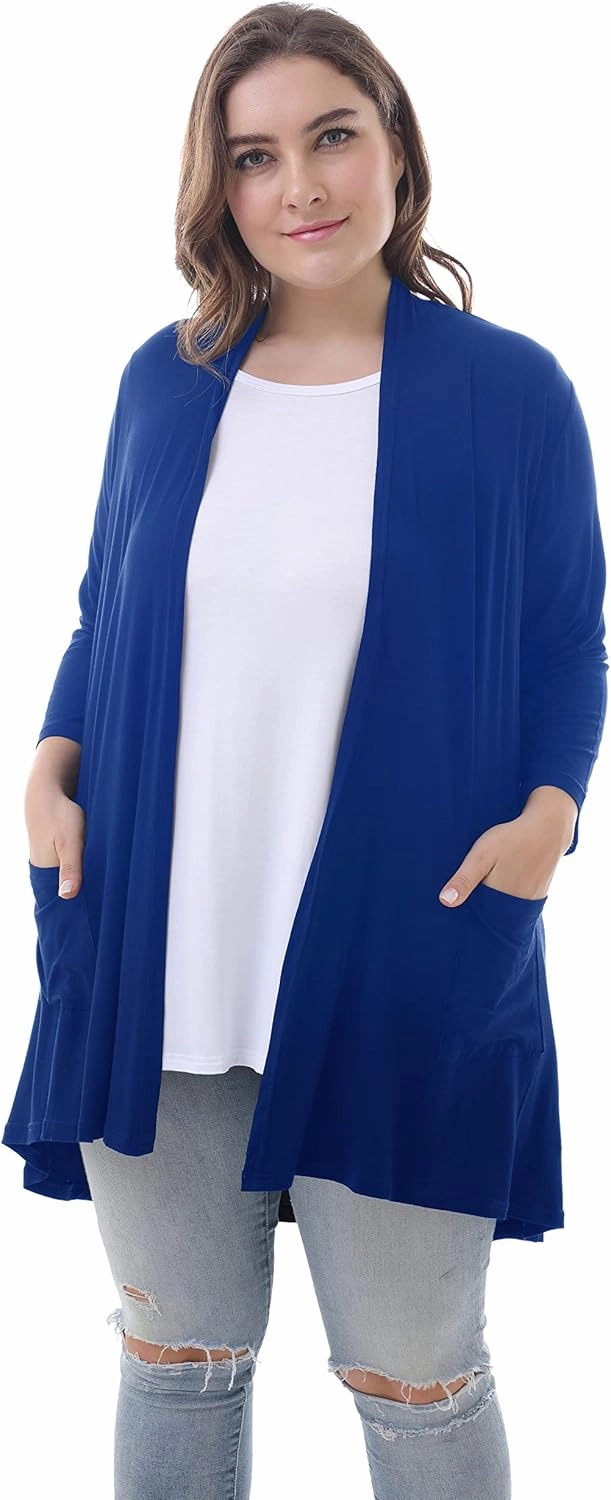 ZERDOCEAN Women's Plus Size 3/4 Sleeve Lightweight Soft Printed Drape Cardigan with Pockets