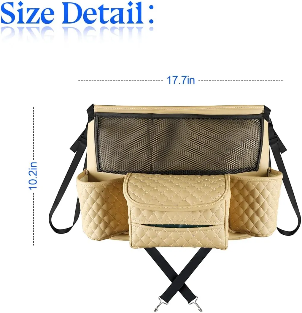 zipelo Car Handbag Holder Between Seats, PU Leather Multi-Pocket Large Capacity Purse Holder, Auto Net Bag Barrier of Backseat Pet Kids, Car Seat Organizers and Storage for Cargo Tissue Cup (Beige)