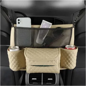 zipelo Car Handbag Holder Between Seats, PU Leather Multi-Pocket Large Capacity Purse Holder, Auto Net Bag Barrier of Backseat Pet Kids, Car Seat Organizers and Storage for Cargo Tissue Cup (Beige)