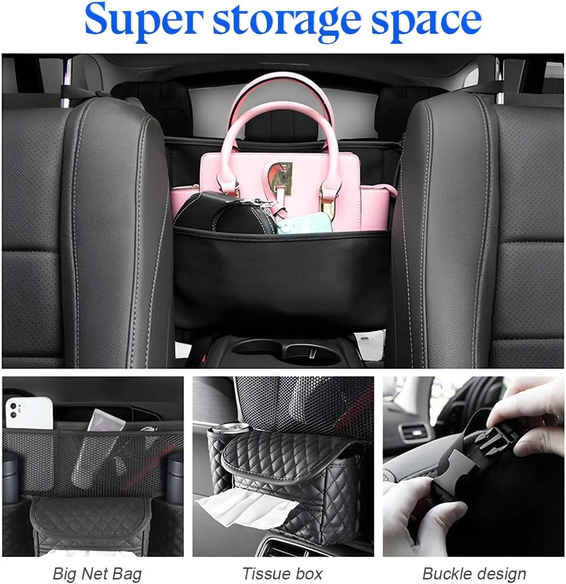 zipelo Car Handbag Holder Between Seats, PU Leather Multi-Pocket Large Capacity Purse Holder, Auto Net Bag Barrier of Backseat Pet Kids, Car Seat Organizers and Storage for Cargo Tissue Cup (Beige)